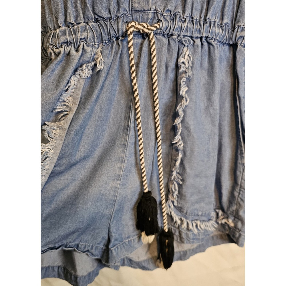 Rebecca Minkoff Denim Romper Shorts Frayed Tassels Longsleeve Button Up - Picture 6 of 12